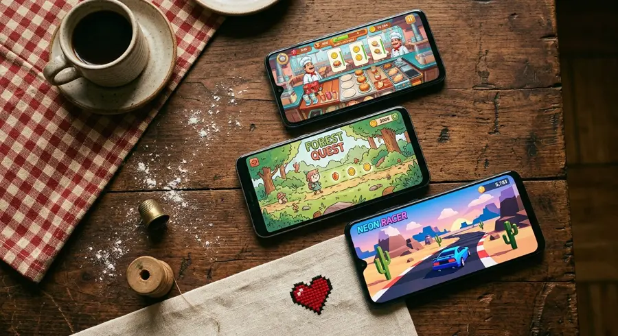 Three Android phones running NONNA games, laid out on a walnut kitchen table beside a coffee cup, a thimble and a stitched pixel heart